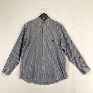 Chaps Men's Size Medium Blue Brown Striped Easy Care Button Down Collared Shirt